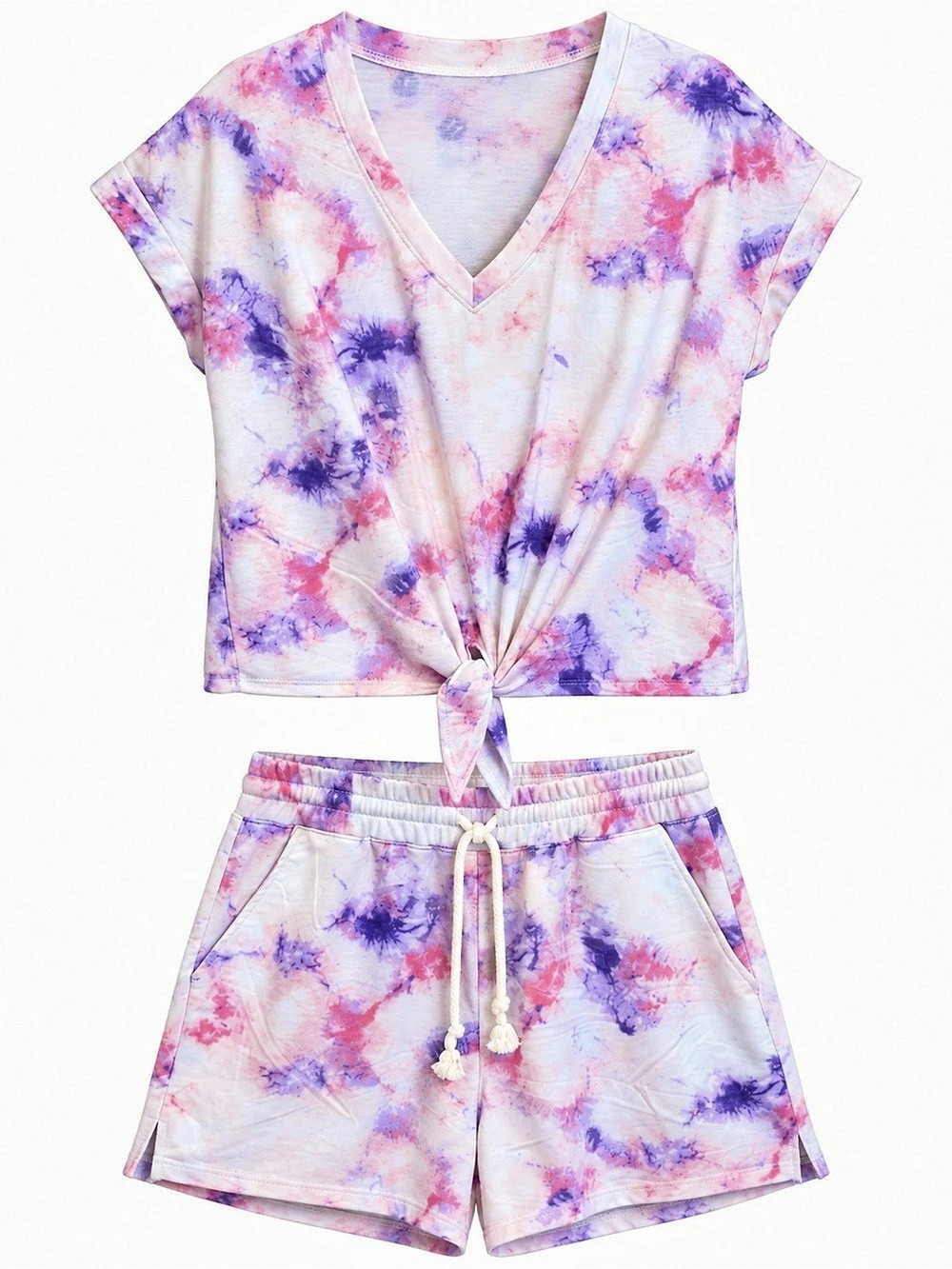 Zoë + Phoebe Tie-Dye Crop Top & Shorts Set in Pink & Purple Size Medium